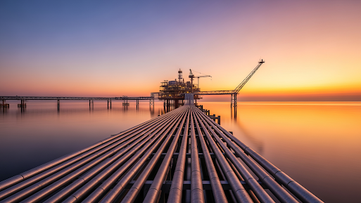 Oil and gas pipelines leading to an offshore platform at sunset