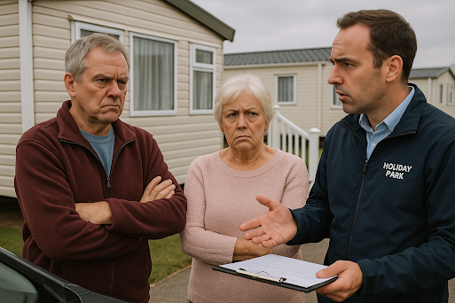 Holiday park representative discussing rising costs with concerned caravan owners