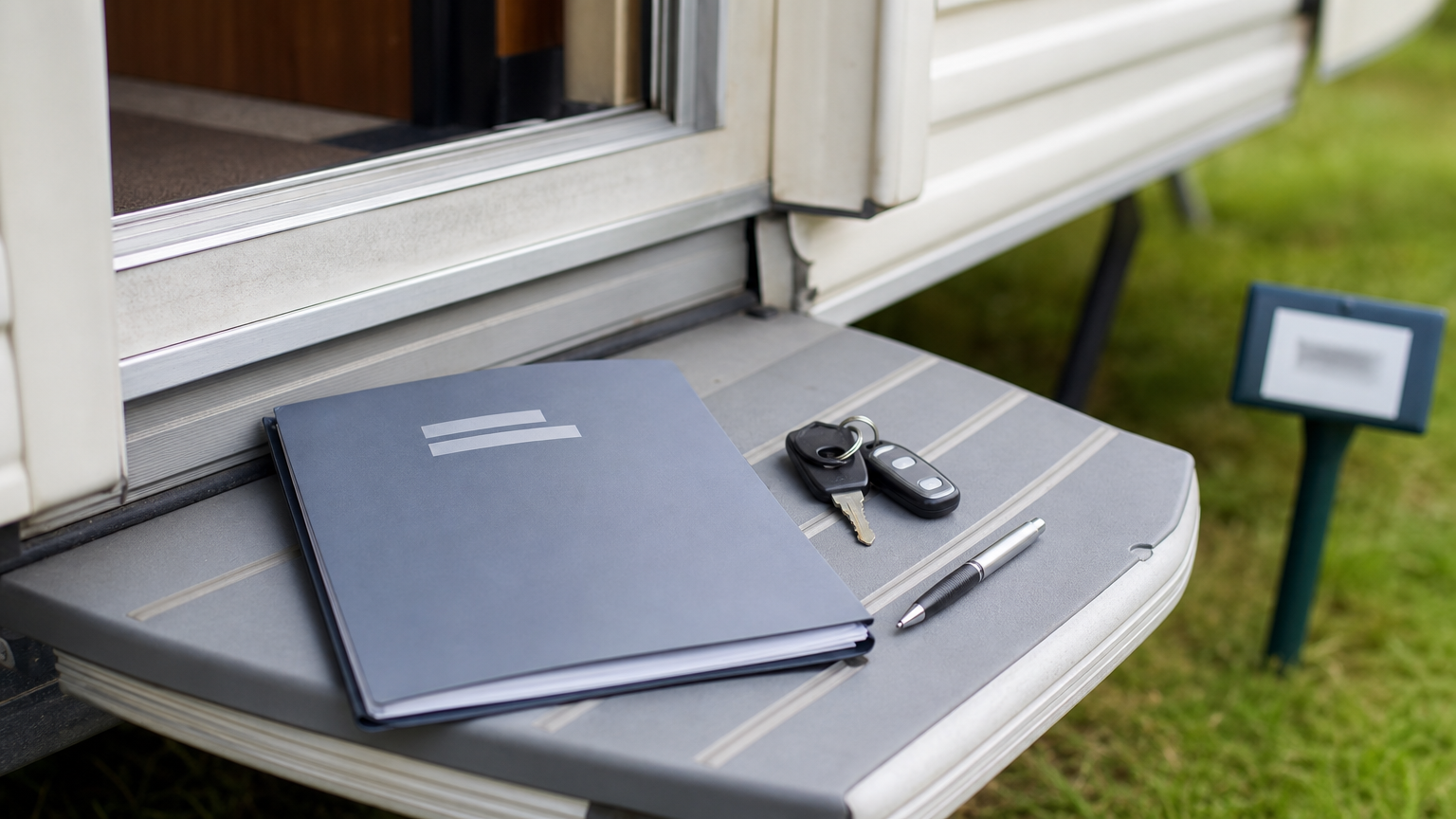 Generic site rules folder, caravan keys and pitch marker on a caravan step