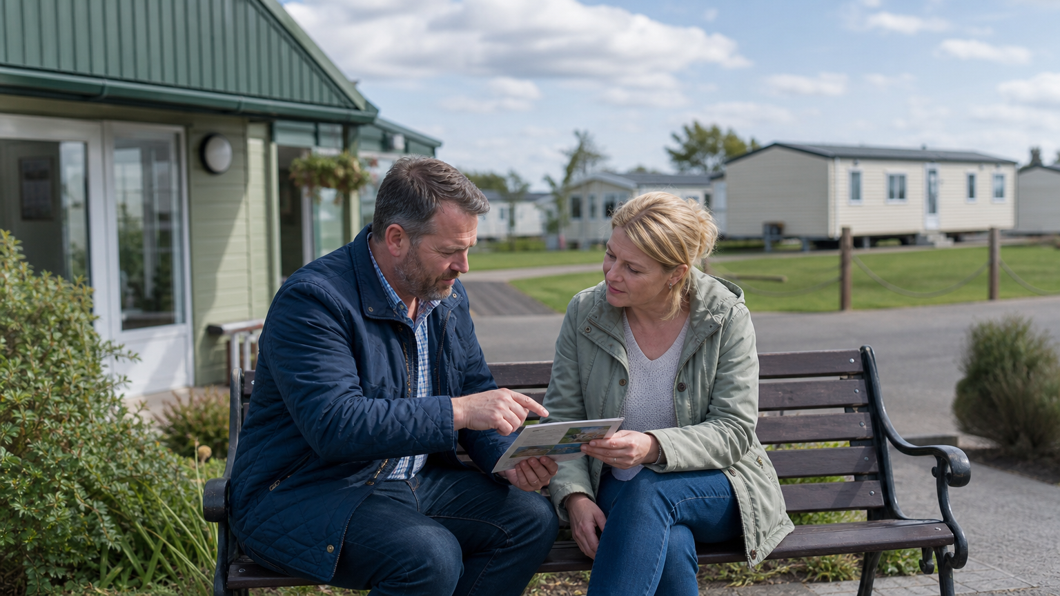 Holiday park owner discussing annual rules on an outdoor bench near a reception building