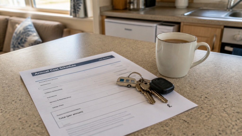 Close-up of a generic holiday park running-cost schedule with keys and calculator