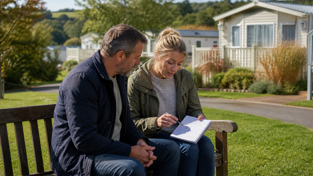 Couple discussing future holiday park costs on a bench near a caravan pitch