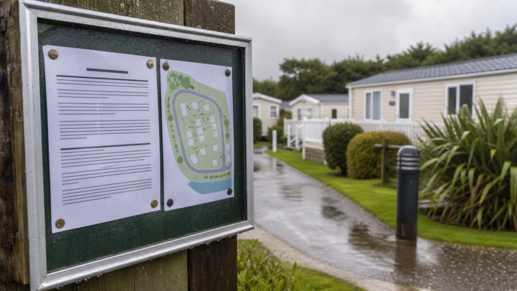 Generic planning notice and simple site map on a holiday park noticeboard