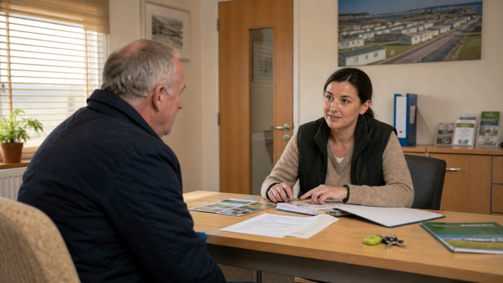 Static caravan owner speaking with an adviser about site rules and proposed park changes