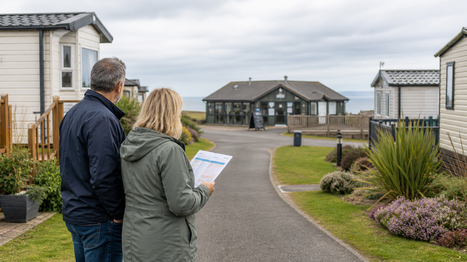 Static caravan owners looking towards holiday park facilities while discussing access and pitch changes
