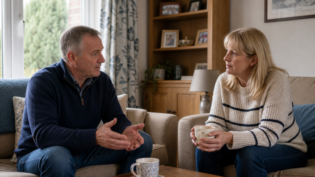 Two adults discussing a concern in a quiet home sitting room