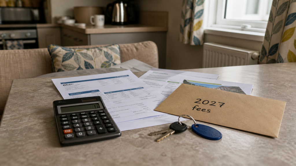 Close-up of a holiday park owner comparing a 2027 fee notice with existing owner terms